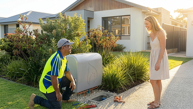 CHF technician installing a whole-home water filter outside an Australian home