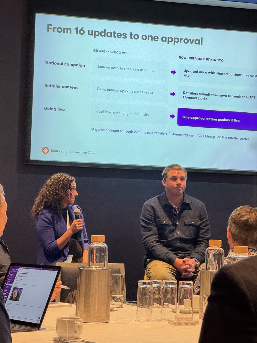 GPT Group presenting at Kentico Connection 2026 with a slide titled From 16 updates to one approval