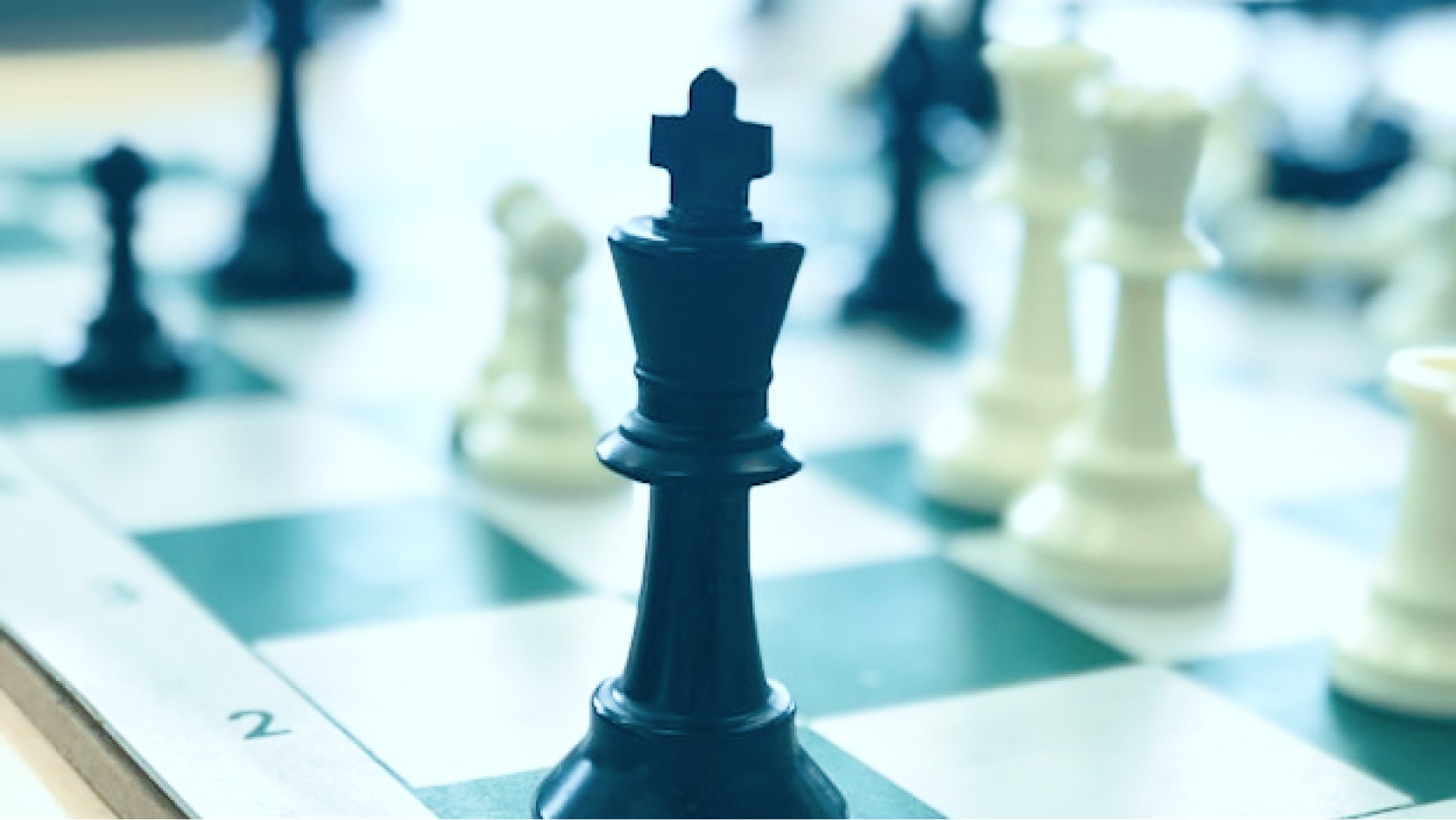 King chess piece standing prominently on a chess board.