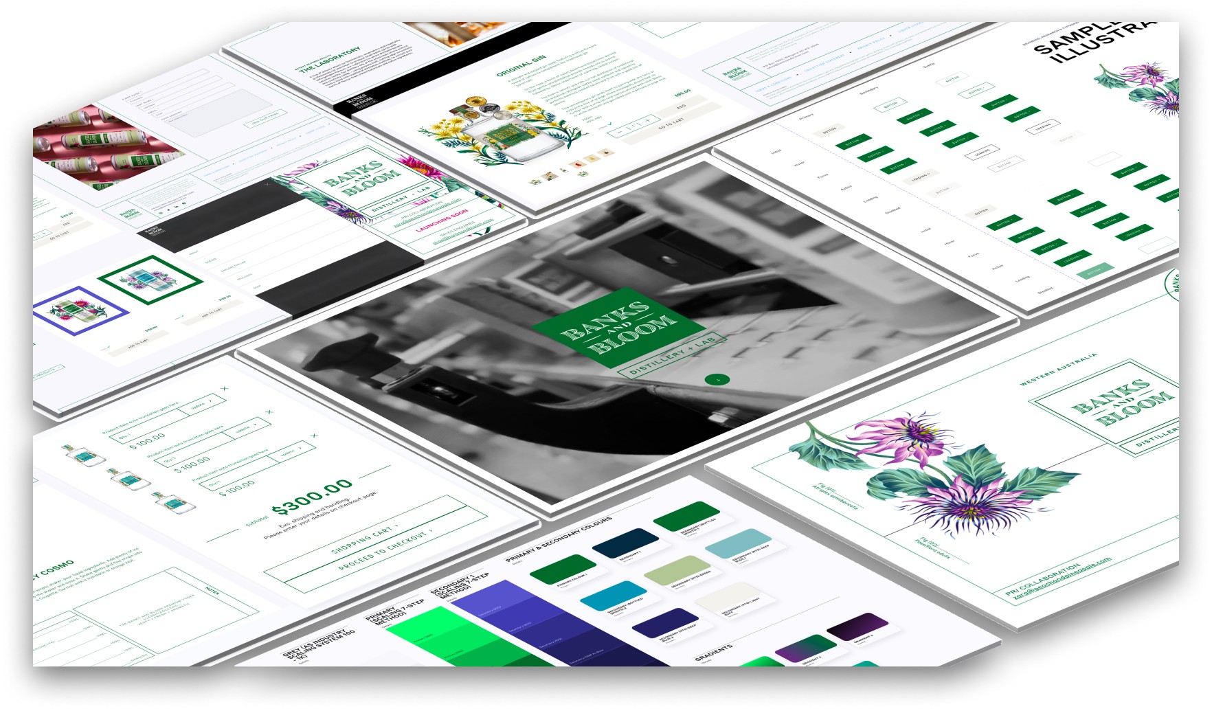 Collage of branding assets projected at an angle.