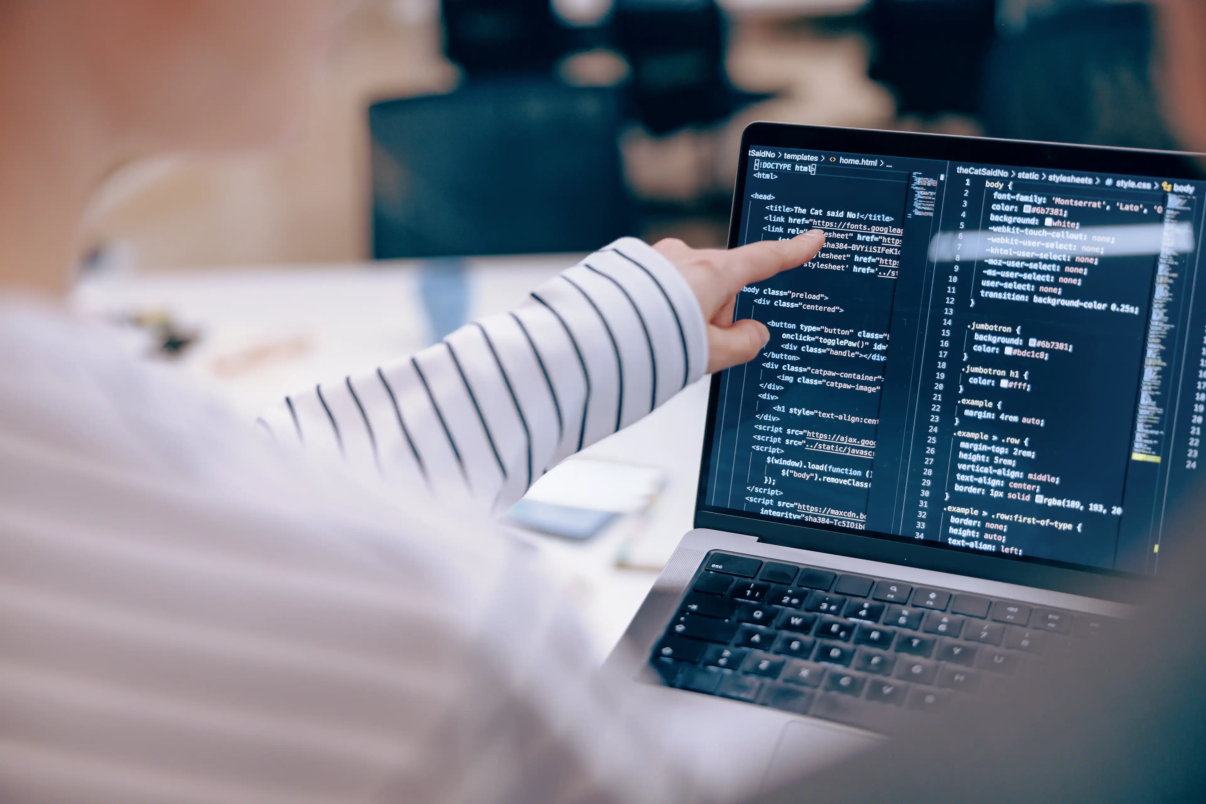 Colleague reviewing lines of a code on a laptop screen.