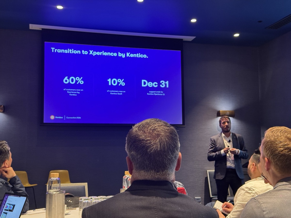 Kentico slide titled Transition to Xperience by Kentico, showing 60%, 10% and Dec 31
