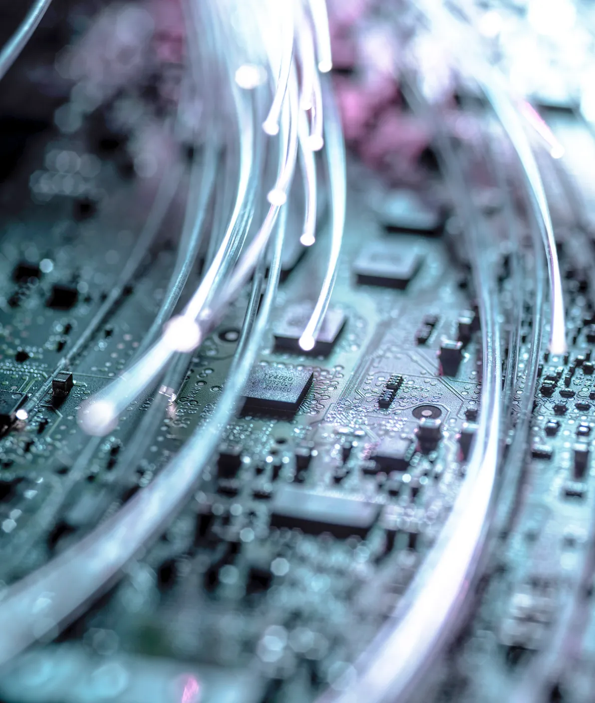 Close up image of micro processor with fibre optic cables. 
