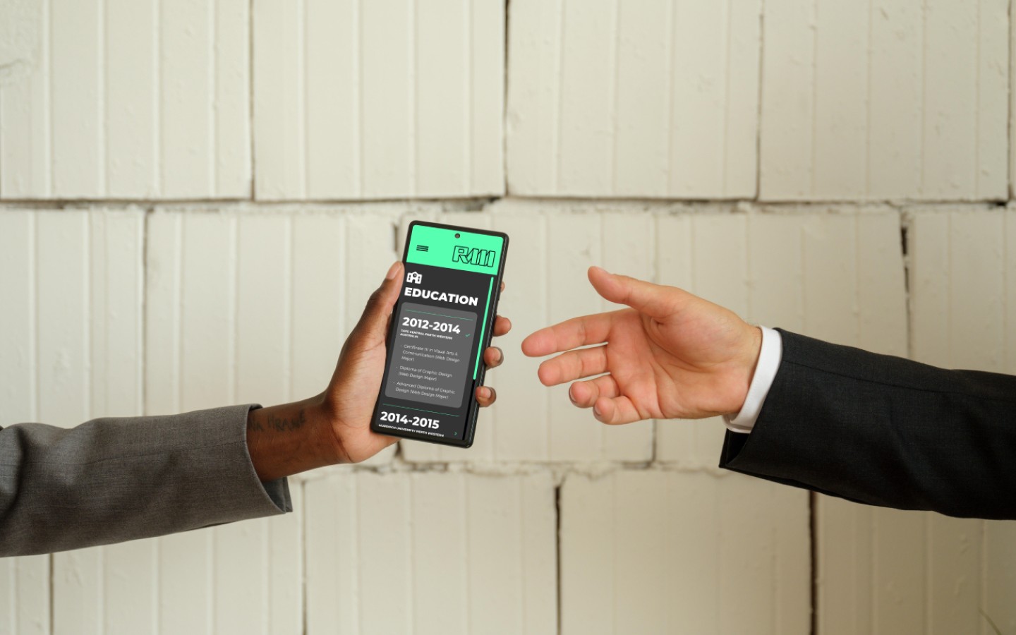 Medium shot of person handing over a smartphone onto another hand. Perspective render of web design interfaces and their components