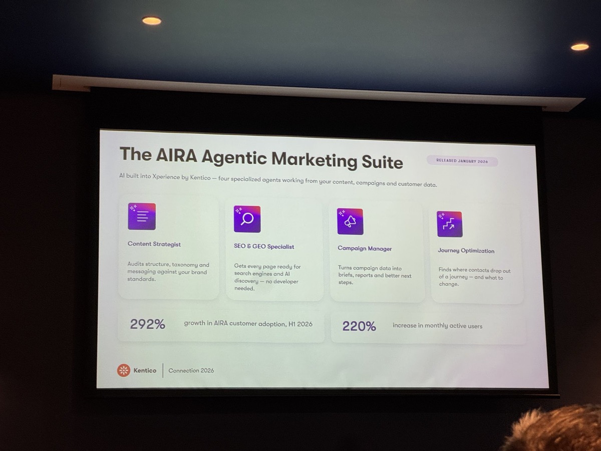 Kentico keynote slide showing the four agents in the AIRA Agentic Marketing Suite