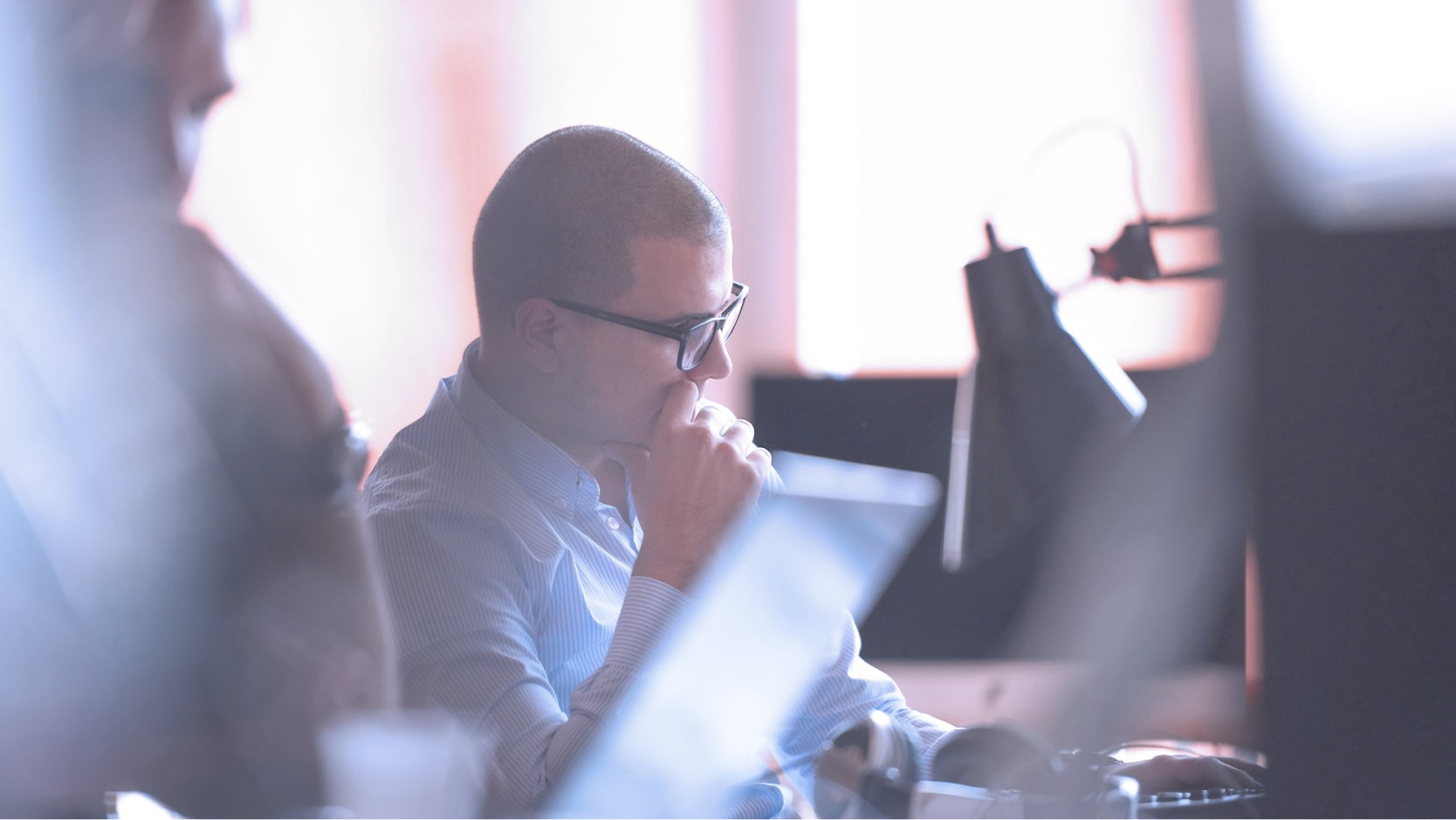 Image of worker in deep thinking. 