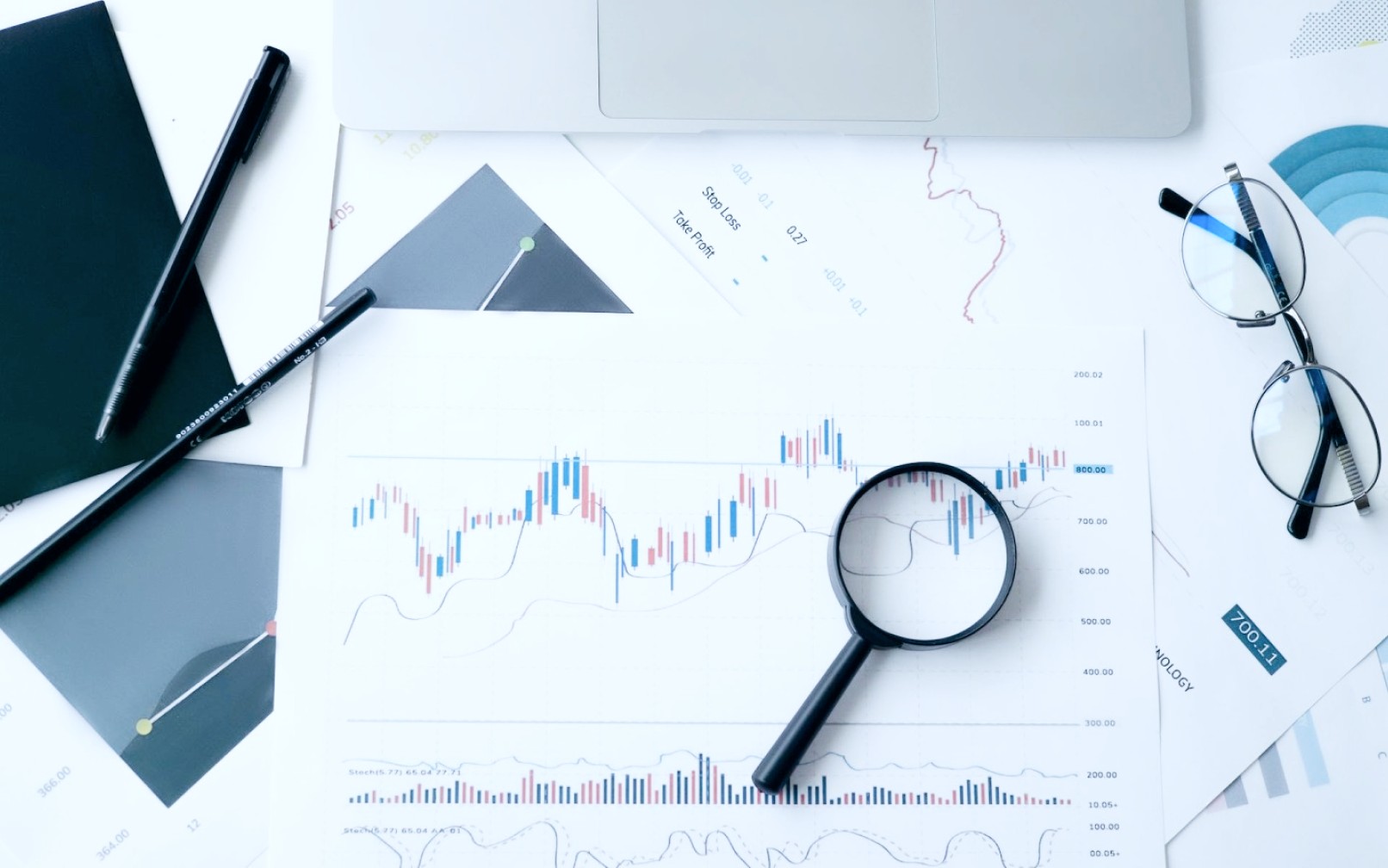 top down view of printed charts and graphs 