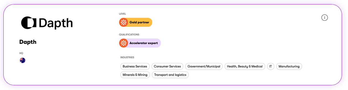 Dapth listed on Kentico's official partner directory as a Gold Partner and Accelerator Expert, serving industries including Business Services, Government, Health, Manufacturing, and Mining