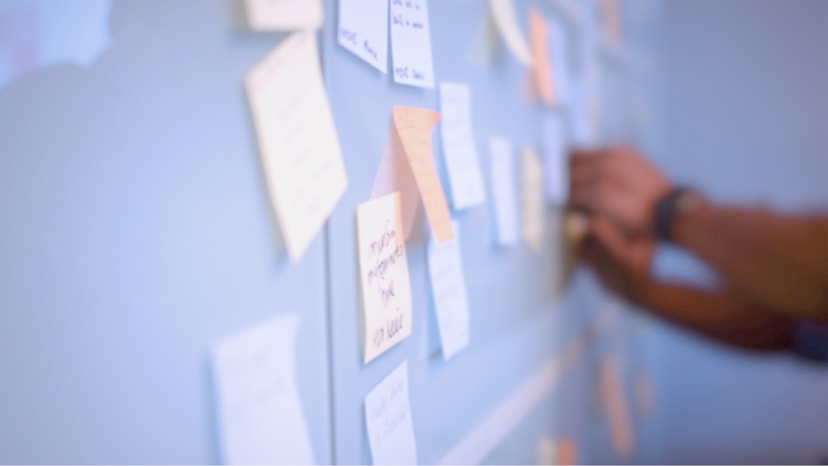 Workshop sticky notes on a wall. 