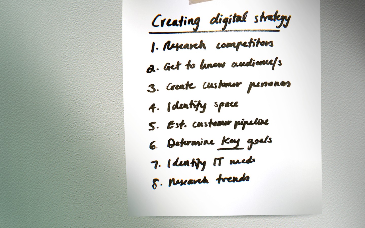 Handwritten list on paper of steps for creating a digital strategy