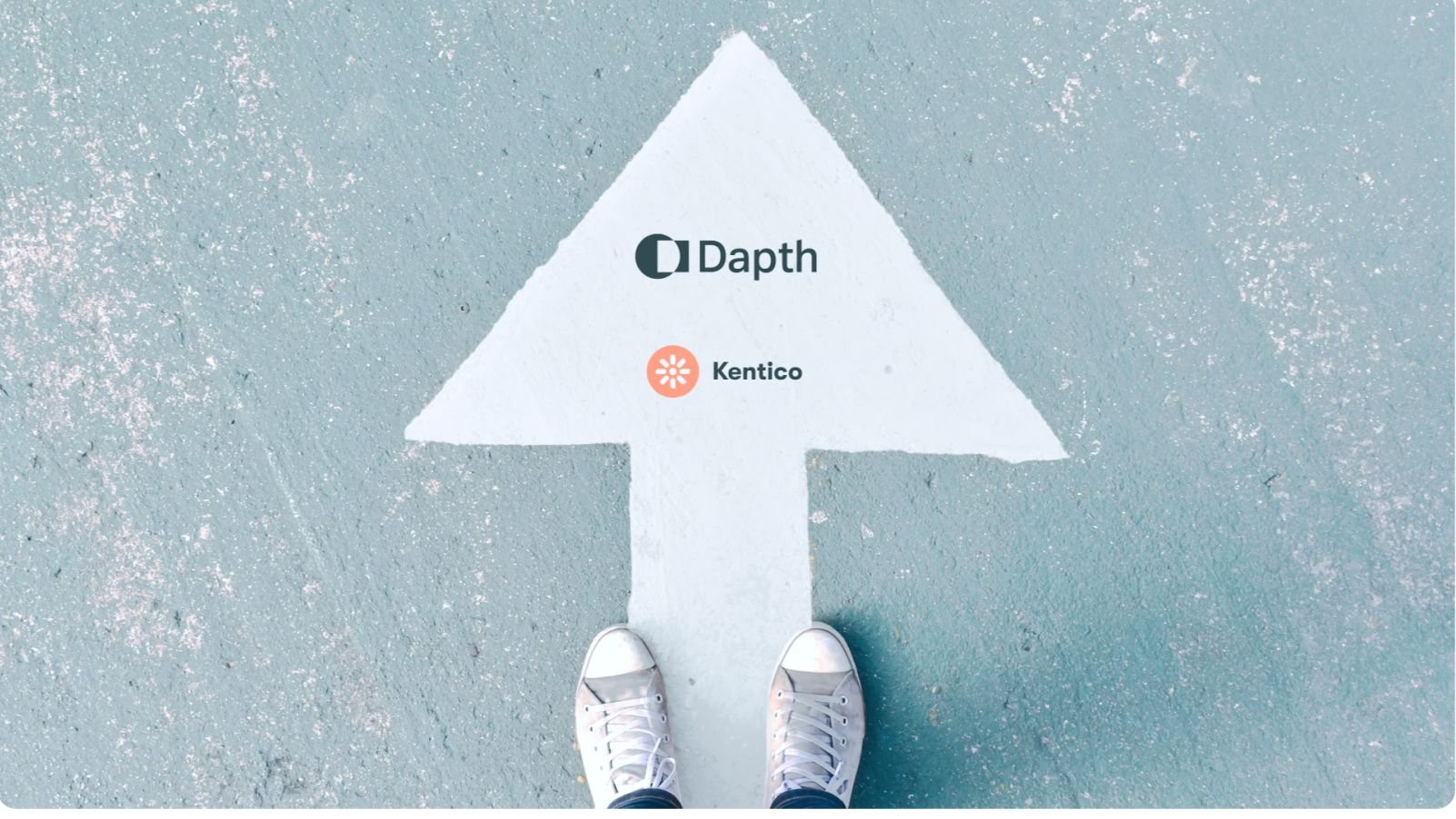 Person's feet on an printed arrow on road pointing north. 