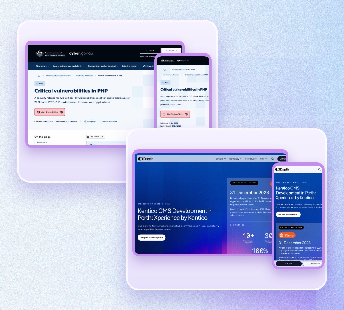 Screenshots of the Australian Cyber Security Centre critical alert on PHP vulnerabilities and the Dapth Xperience by Kentico page, on desktop and mobile